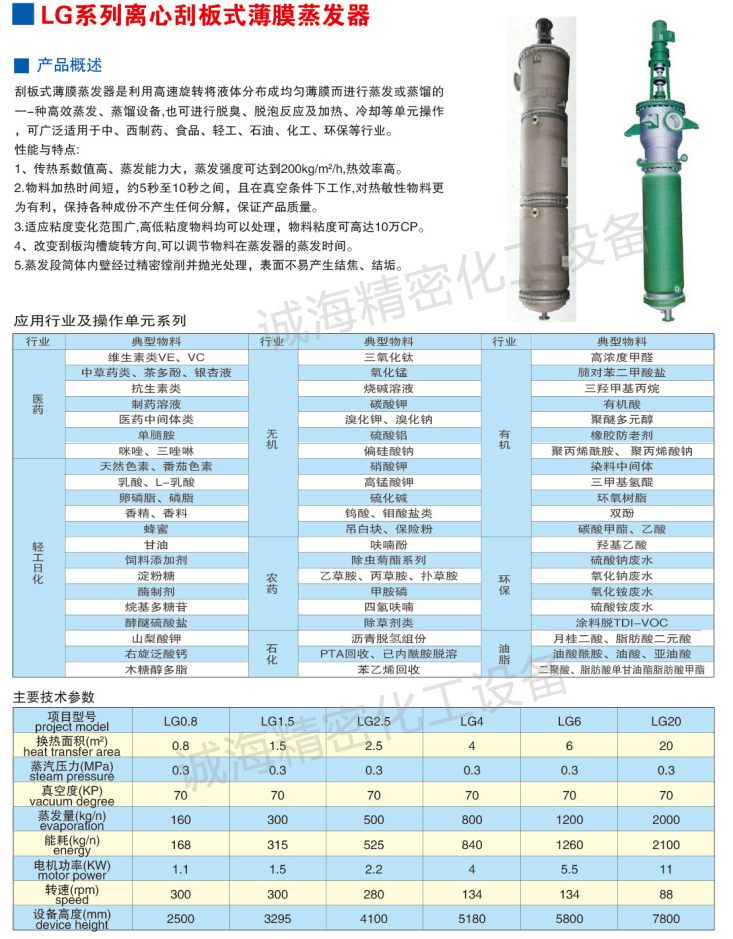 離心式刮板薄膜蒸發(fā)器型號(hào)參數(shù)